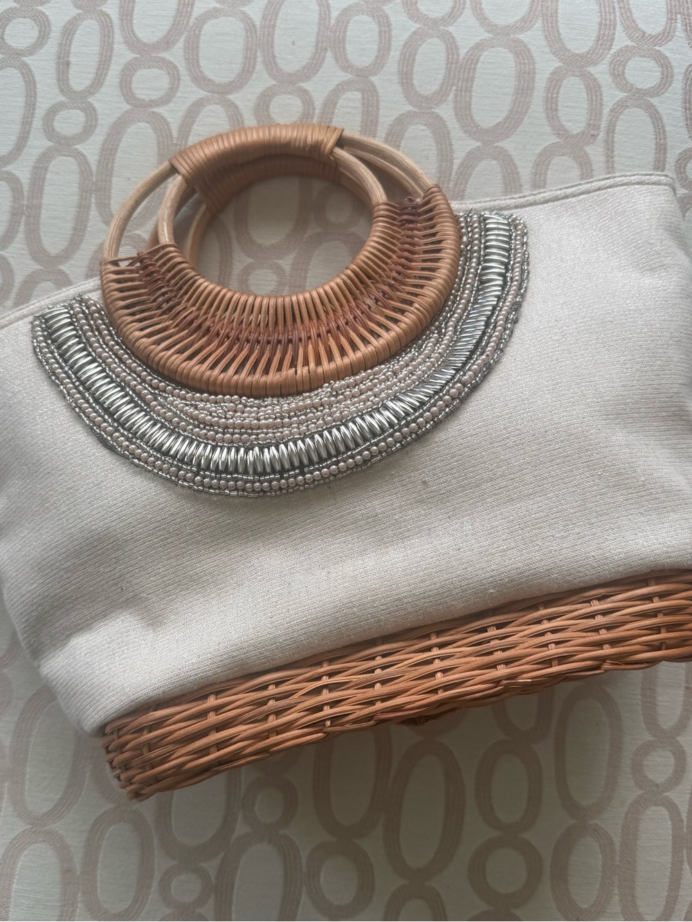 Straw Studios Beige Canvas Tote with Natural Wicker Handles
